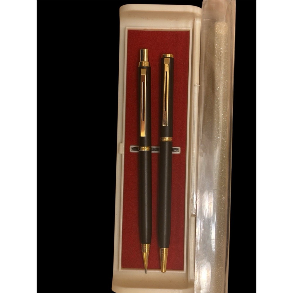 Metal Ballpoint pen Mechanical Pencil Set Black Body Gold Trim‎ Vintage in Box